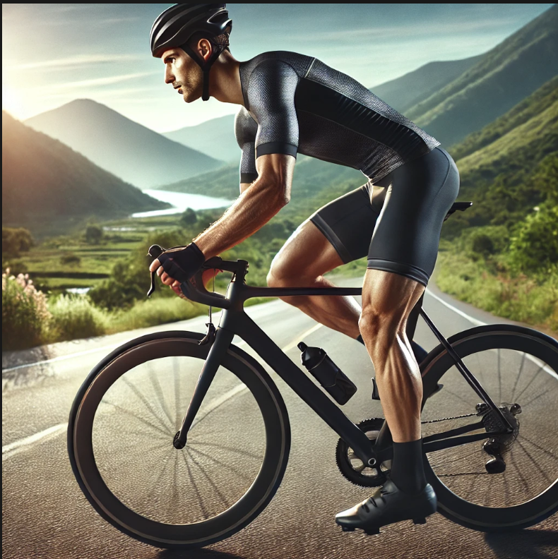 Seorang pria bersepeda di jalur pegunungan dan olahraga yang efektif untuk menjaga kebugaran jantung dan membakar lemak.