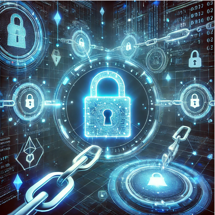 Blockchain dan keamanan digital dengan jaringan terenkripsi, simbol gembok cyber, dan sistem desentralisasi untuk transaksi aman