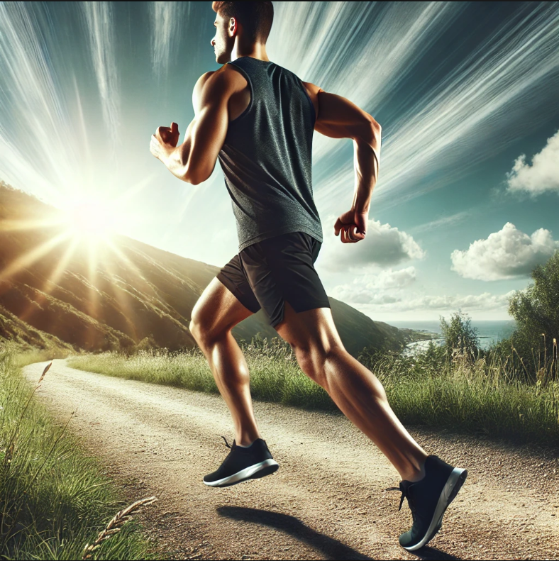 Seorang pria berlari di alam terbuka, olahraga terbaik untuk menurunkan berat badan dengan cepat.