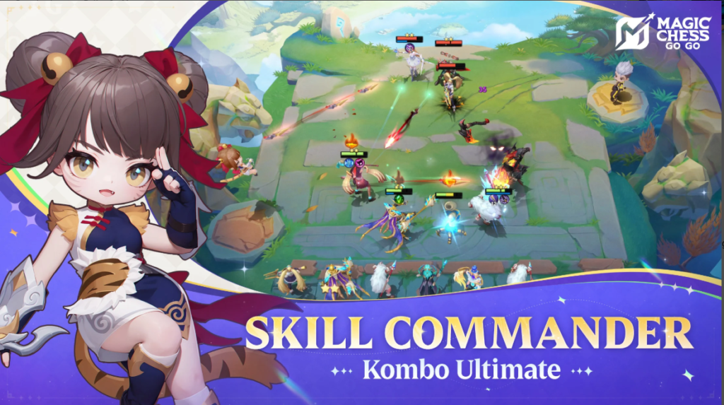 Tampilan gameplay Magic Chess Mobile Legends dengan strategi sinergi terbaik untuk memenangkan pertandingan.