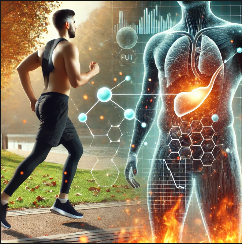 Ilustrasi seseorang berlari dengan efek visual pembakaran lemak, menunjukkan pentingnya olahraga untuk menurunkan berat badan.