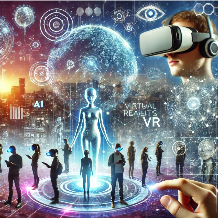 Metaverse dan Virtual Reality (VR) menampilkan pengguna dengan headset VR, avatar holografik, dan dunia digital interaktif