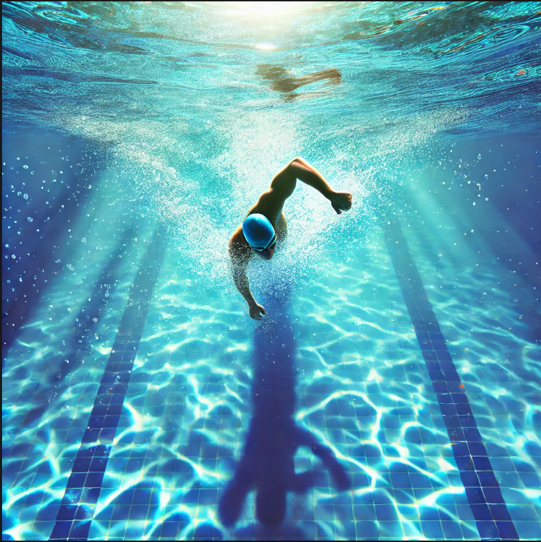 Seseorang berenang di kolam biru, latihan seluruh tubuh yang efektif untuk membakar lemak dan meningkatkan kebugaran.