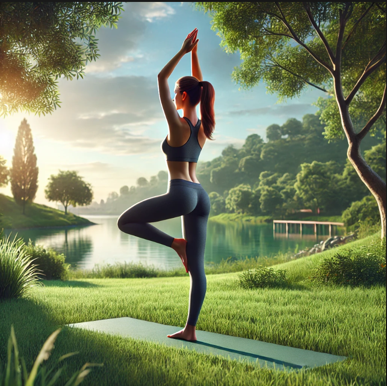 Wanita melakukan yoga di taman hijau, meningkatkan fleksibilitas, keseimbangan, dan mengurangi stres.