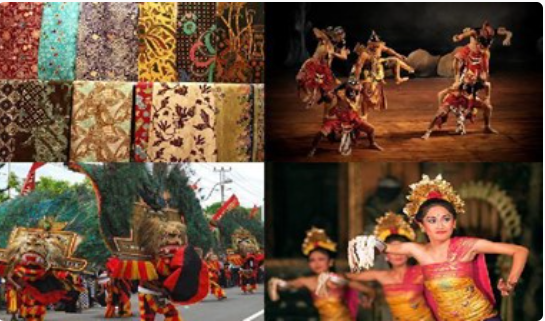 Ilustrasi budaya Indonesia yang menampilkan wayang kulit, batik, rumah adat, dan penari tradisional.