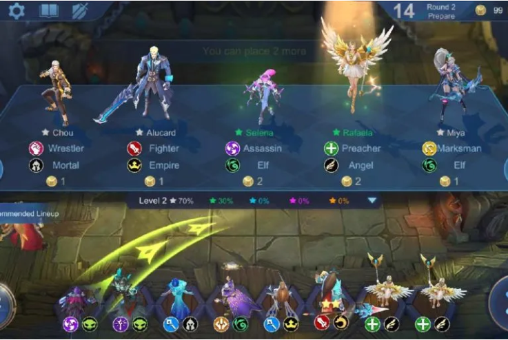 Gameplay Magic Chess Mobile Legends dengan strategi sinergi terbaik untuk memenangkan pertandingan.